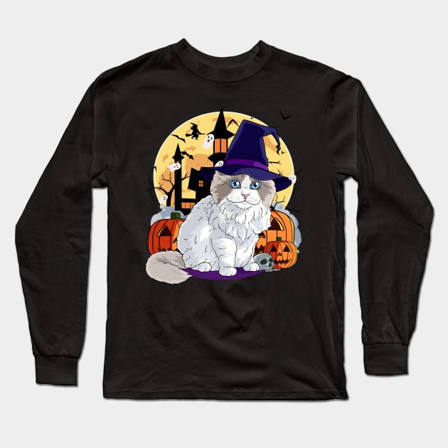 Ragdoll Cat Funny Halloween Witch Pumpkin Long Sleeve T-Shirt by Noseking